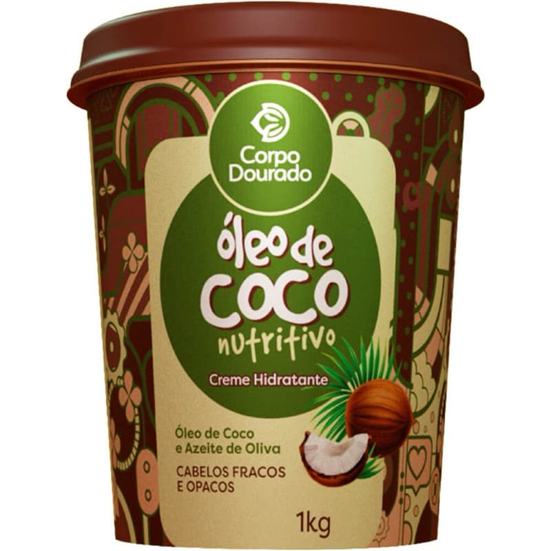 Creme Hidratante Óleo de Coco Nutritivo para Cabelos Fracos e Opacos 1kg Corpo Dourado