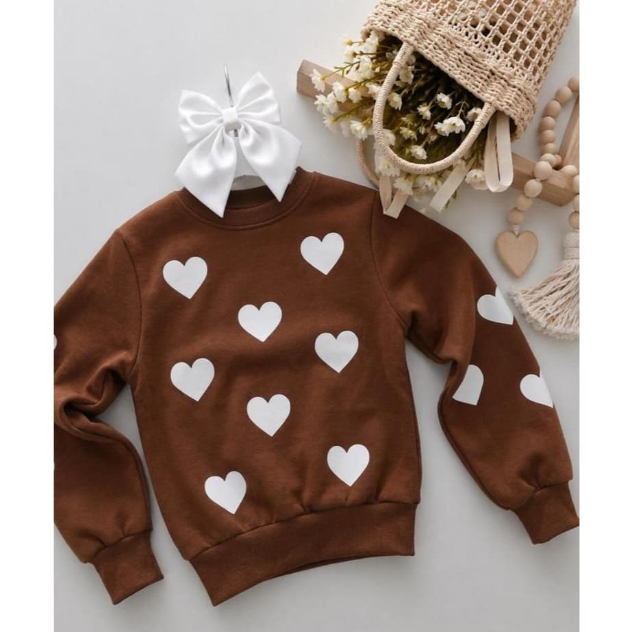 Blusa De Moletom Gola Careca Infantil Menina Algodão Premium Coração Tendência Outono Inverno