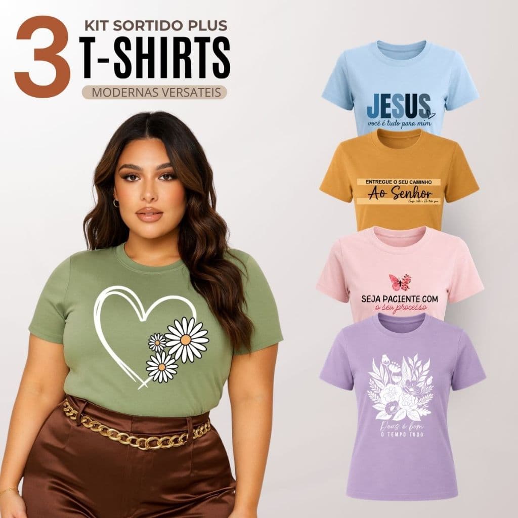 Kit 3 Blusa Feminina Plus Size Manga Curta Gola Redonda Casual Básica