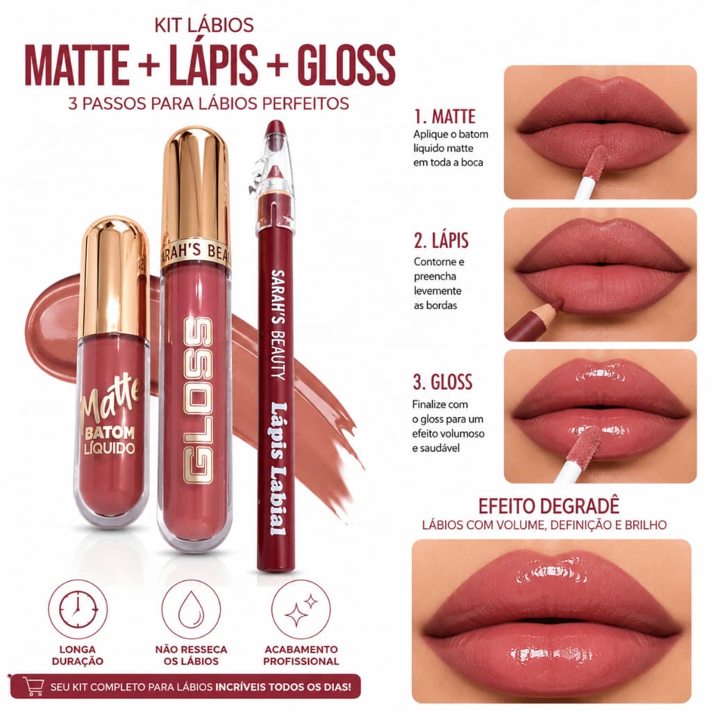 Kit Labial 3 em 1 Sarah’s Beauty Gloss + Batom Líquido Matte + Lápis Contorno Boca Gringa