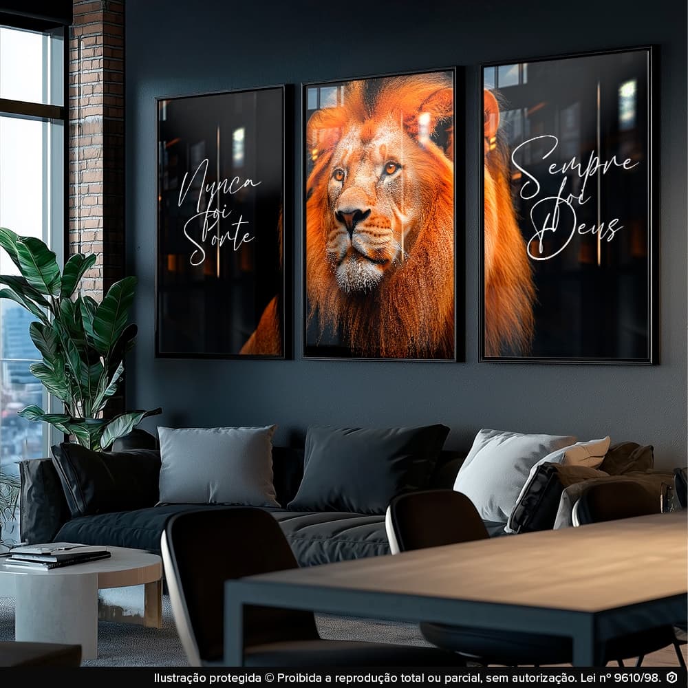 Quadro Decorativo Motivacional Leão Nunca Foi Sorte Sempre Foi Deus 122x60