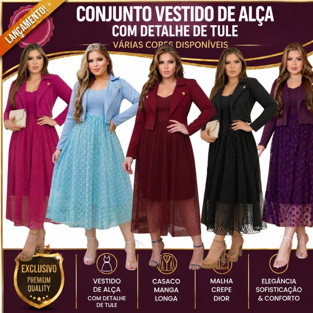 CONJUNTO FEMININO: VESTIDO DE ALÇA COM TULE + CASACO MANGA LONGA; CONGRESSO; SOCIAL; CASUAL; EVANGEL