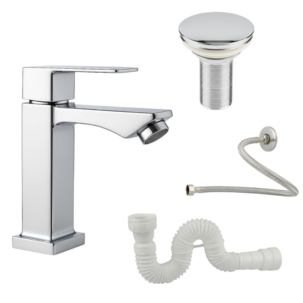 Kit Completo Para Banheiro Torneira Metal Cromada Bica Baixa Válvula Click Inteligente Sifão Universal e Engate 60 cm
