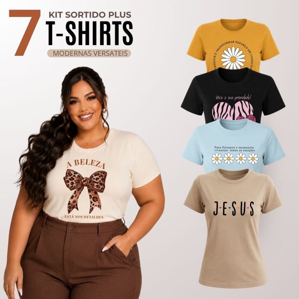Kit 7 Blusa Feminina Plus Size Manga Curta Gola Redonda Básica Casual 100% Algodão