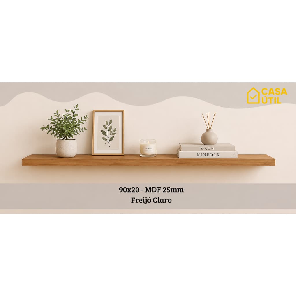 Prateleira 90x20 cm MDF 25mm Freijó Claro com Suporte Invisível Reforçado| Sala, Cozinha e Quarto