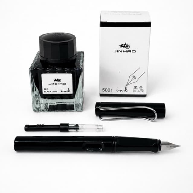 kit Caneta Tinteiro Morandi Estilo Safari Com Pote de Tinta Preta Recarga + Comversor Cartucho Refil