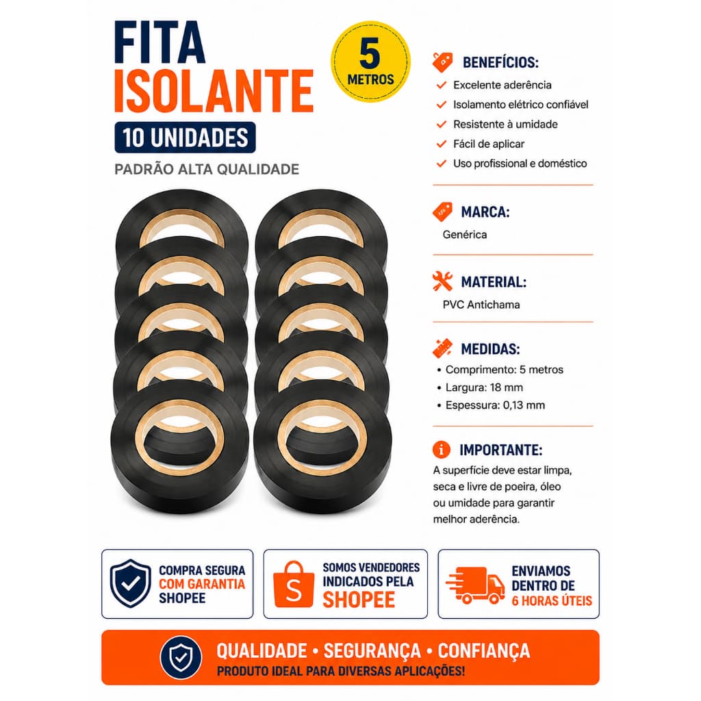 Kit 10 Rolos De Fita Isolante Antichama 5 metros