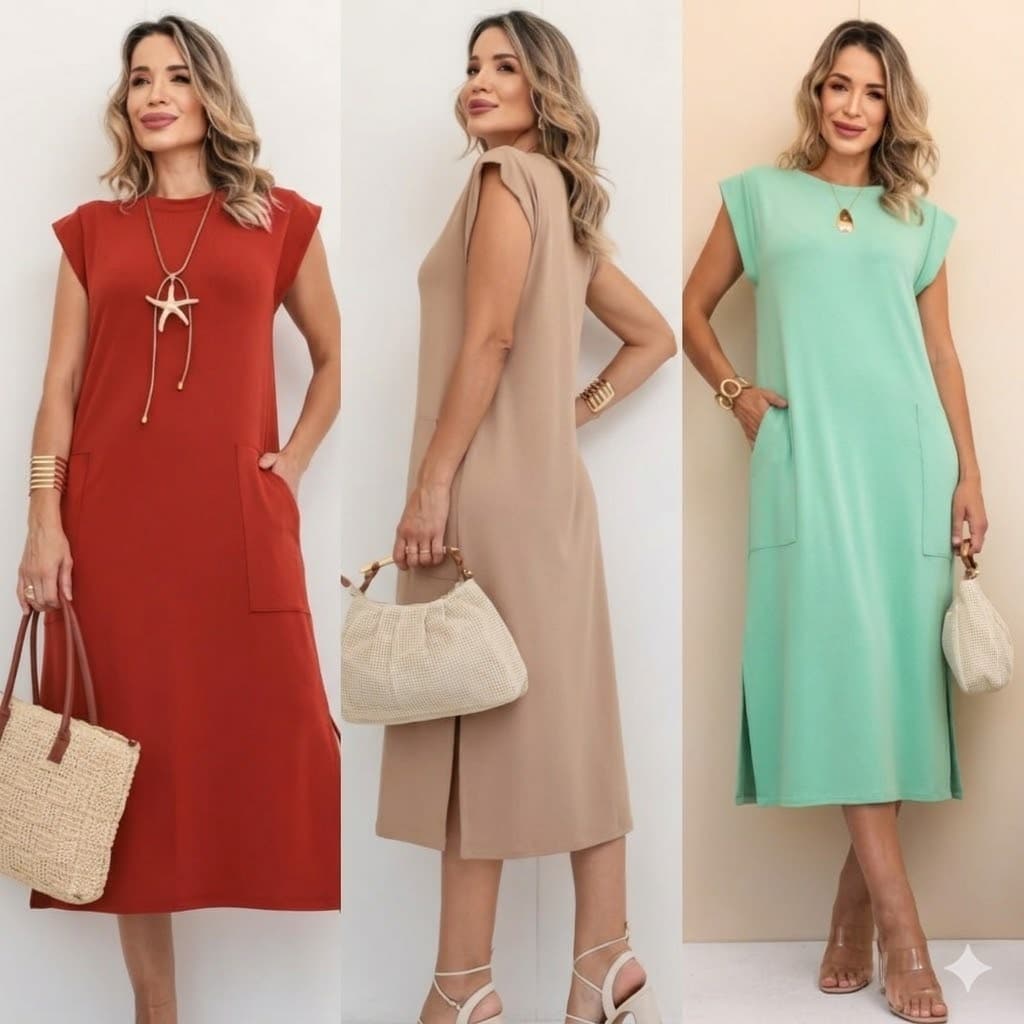 Vestido Midi Com Bolso Fenda Lateral Manga Curta Pespontado Elegante Corfortável
