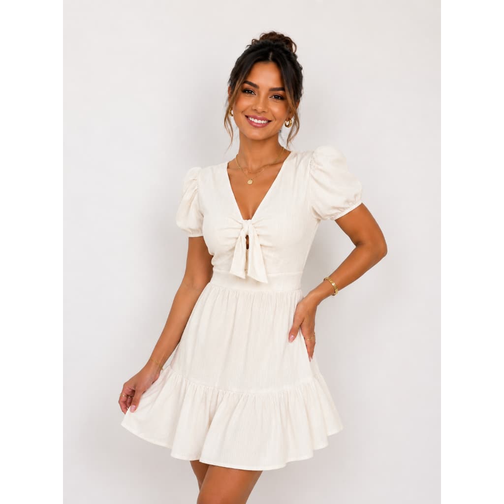 Vestido Curto Feminino com Laço Frontal Manga Bufante Casual Verão