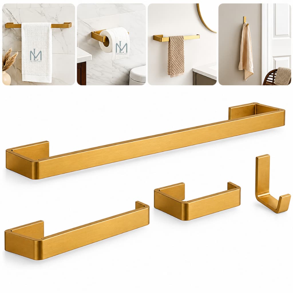 Kit Acessórios 04 Peças Para Banheiro Quadrado Conjunto Dourado Brilhante Luxo