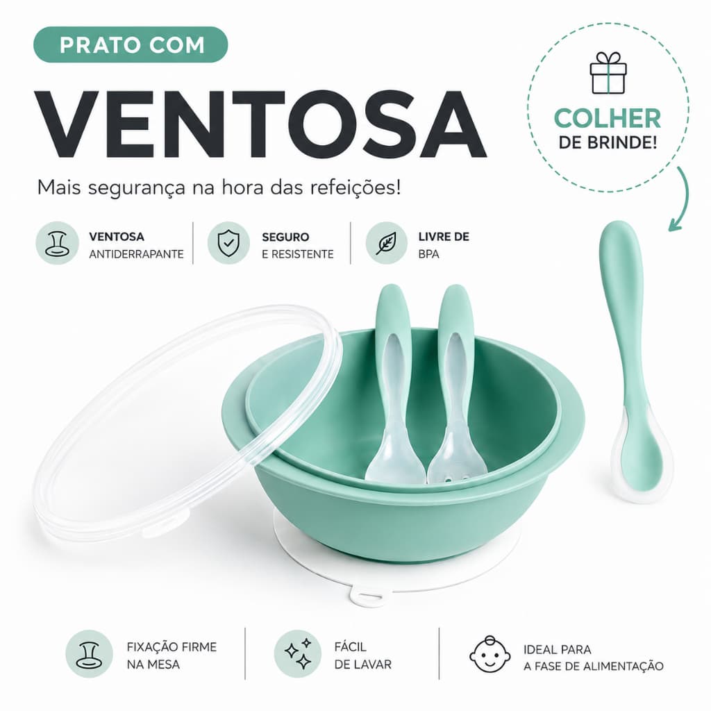 Prato Bowl com Tampa e Talheres para Bebê + Colher c/ Ponta de Silicone