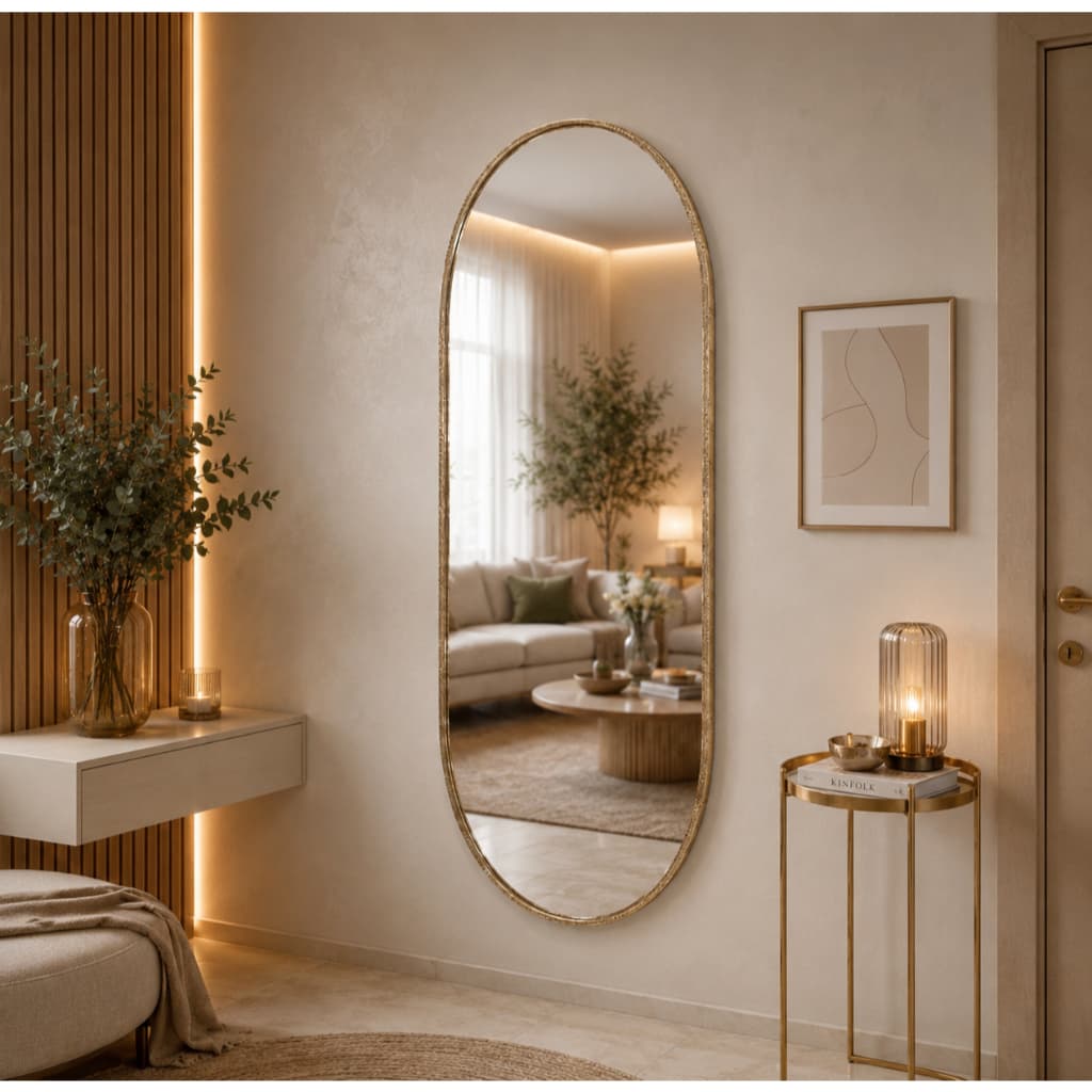 Espelho Oval DUBAI Corpo Inteiro 120x50 em Couro Brilhante Luxo Decorativo