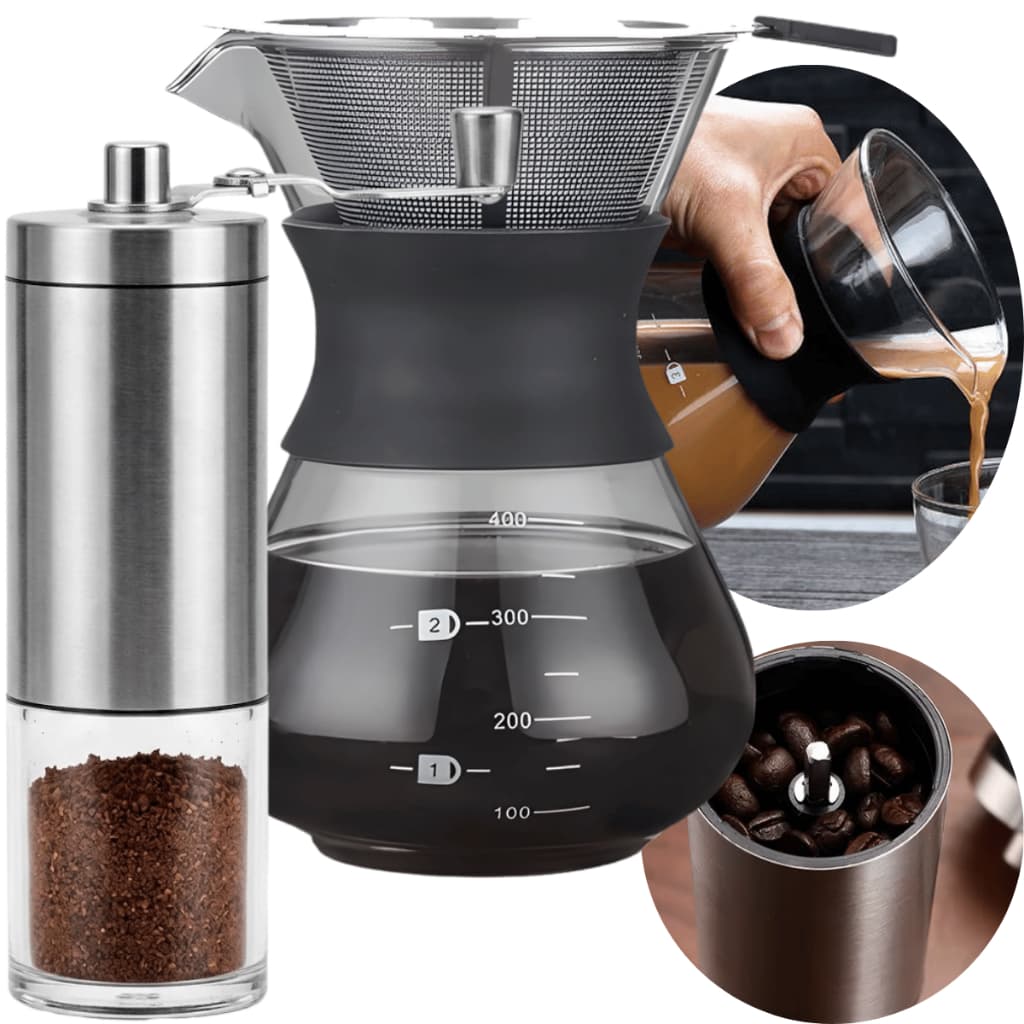 Kit Café Gourmet com Moedor Manual Cafeteira 400ml Filtro Inox para Preparo Artesanal Sabor Intenso