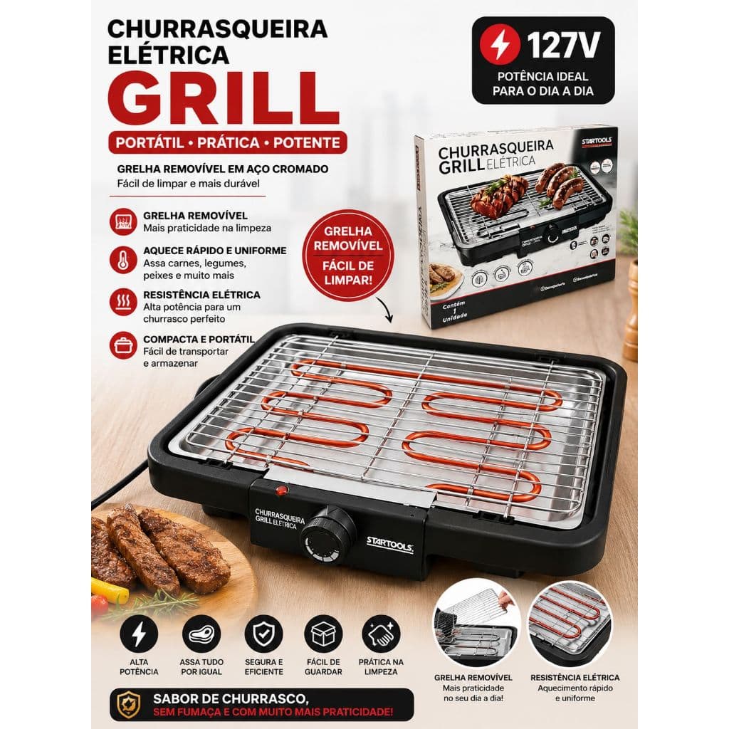 Churrasqueira Elétrica Grill Portátil Grelha Removível  127v Preta