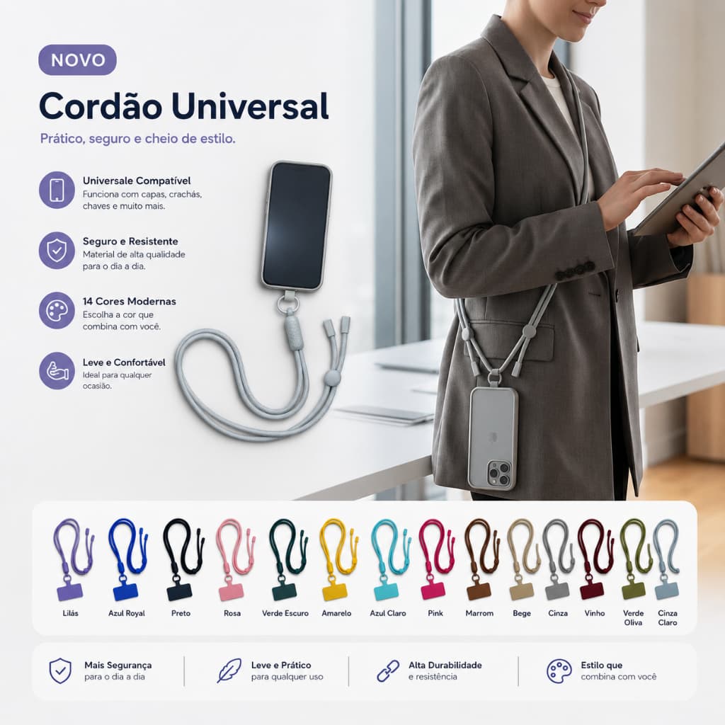 Cordão para Celular Universal Regulável com Ajuste Segurança e Estilo