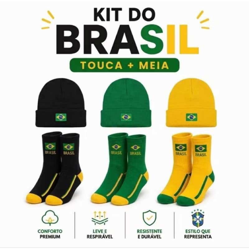 Kit do Brasil Touca Meia Verde Amarelo Torcida Frio
