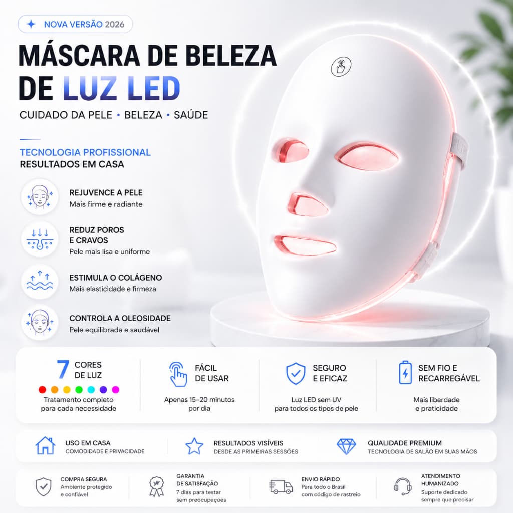 Máscara LED Facial 7 Cores Fototerapia Antiacne Rejuvenescimento Firmadora Clareadora Anti-idade
