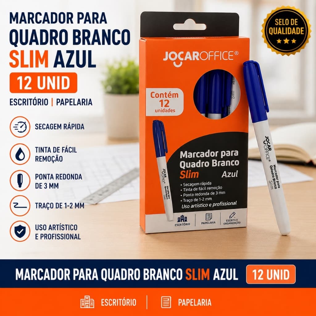 Marcador para Quadro Branco Slim Azul 12 Unid Escritório Papelaria