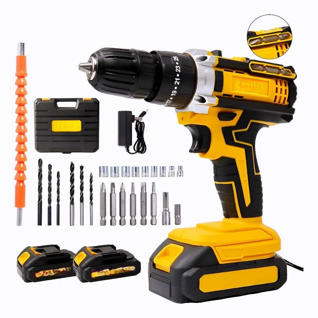 Conjunto de Furadeira/Parafusadeira Sem Fio, 48V 2 Baterias Amarelo+23pcs