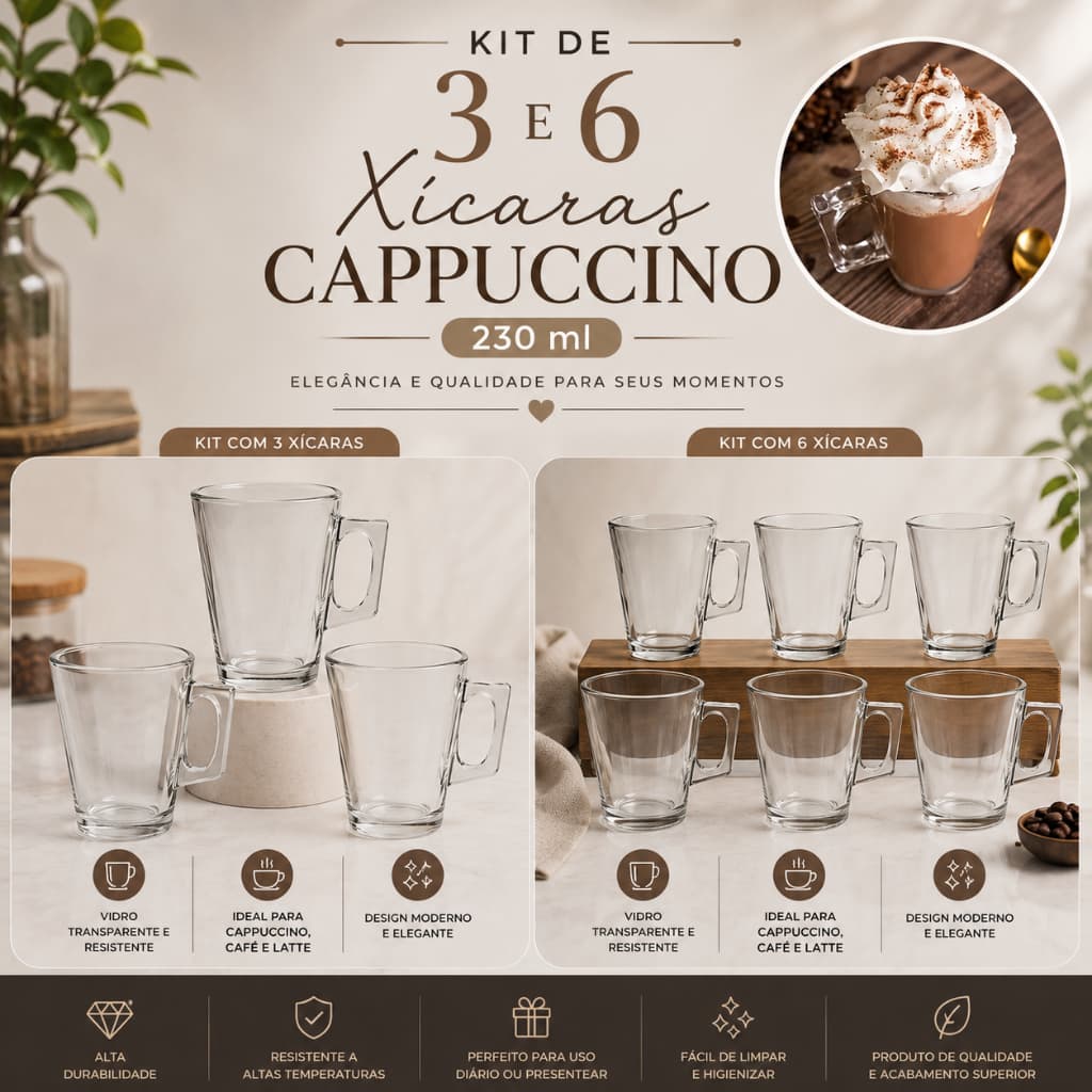 Xícaras de Vidro 230ml com Alça – Ideal para Café, Cappuccino e Latte ✨