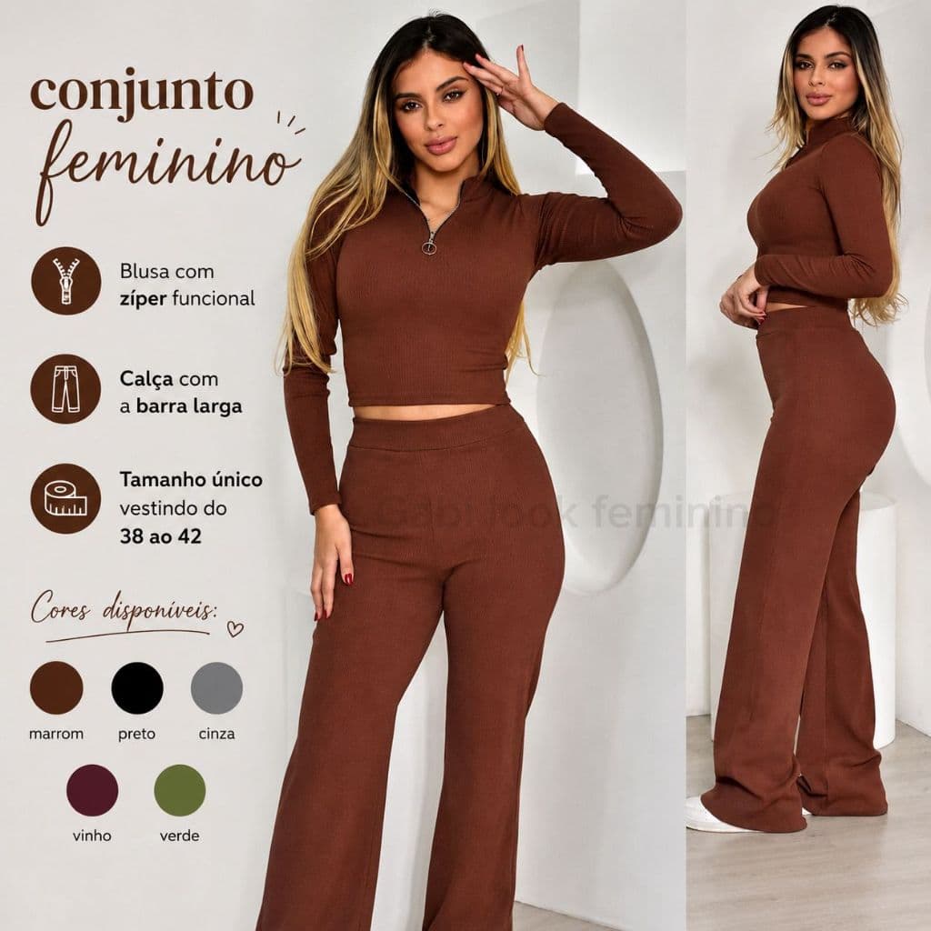 Conjunto Feminino de Frio Blusa Manga Longa com Zíper e Calça Tecido Anarruga Moda Feminina Moda Inverno
