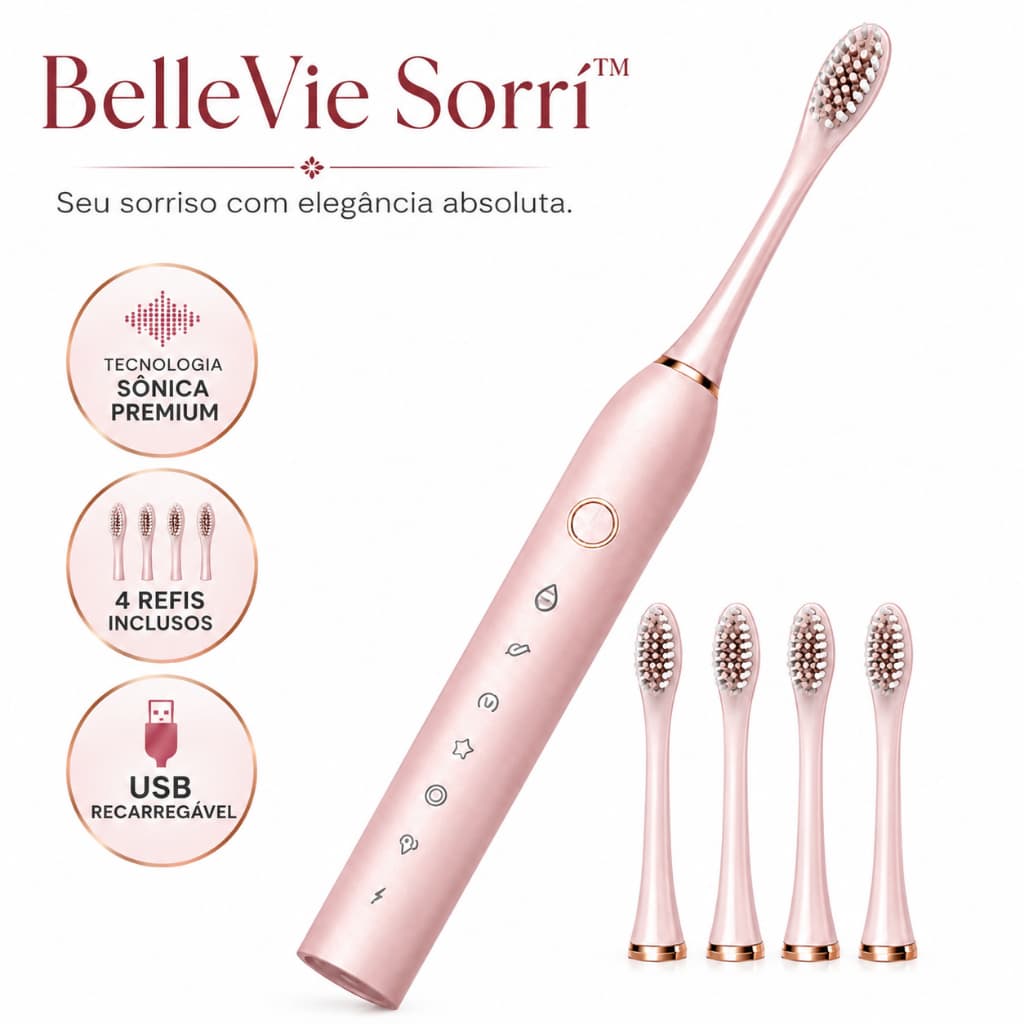 Escova Dental Elétrica Sônica Rosa Com Refil Portátil Recarregável USB À Prova D'água Aparelho Limpeza Bucal