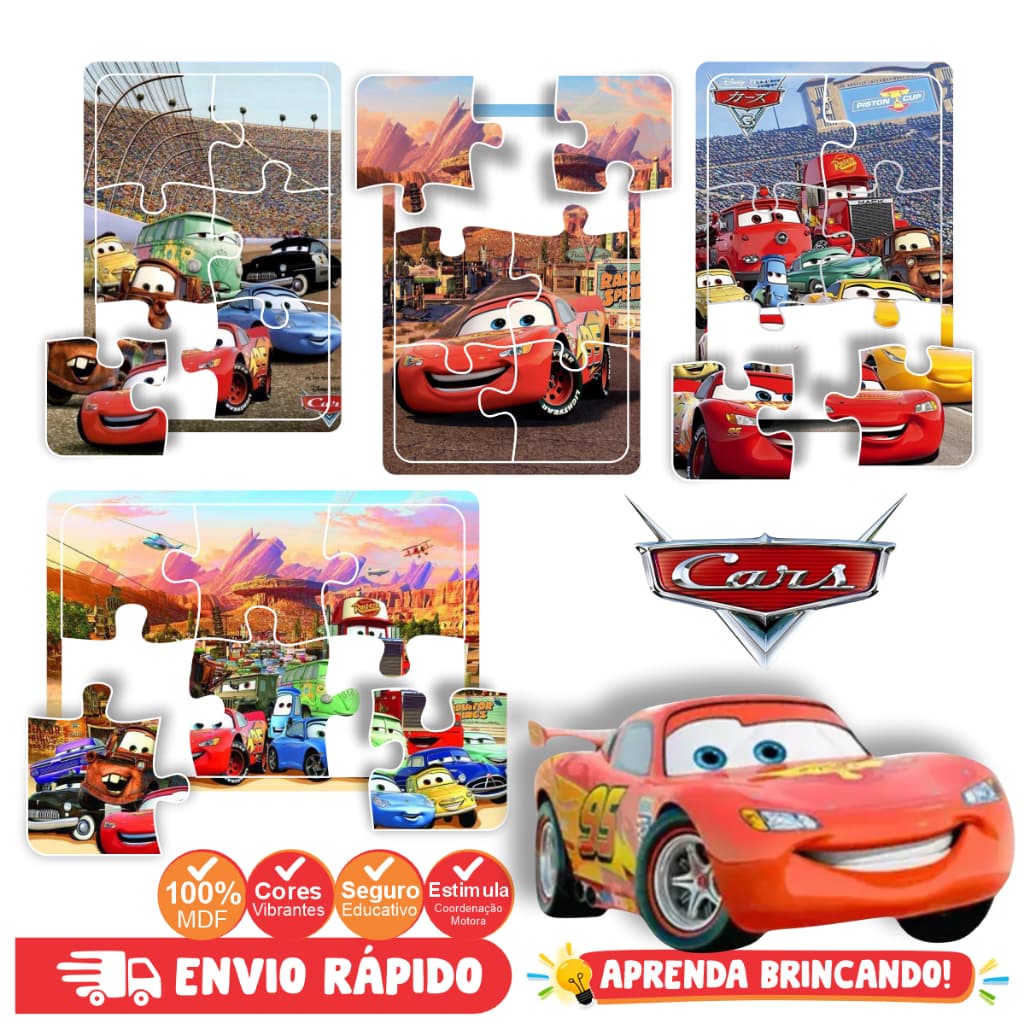 Kit 4 Quebra Cabeça em Mdf 6 Peças Jogo Pedagógico Infantil Lúdico Educativo Cars Relâmpago McQueen