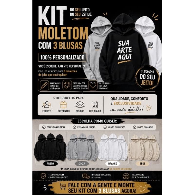 Kit Com 3 Moletons Personalizados Faça sua Logo Com a Estampa Preferida Uniforme Empresa 100% Algodão Moletom Capuz