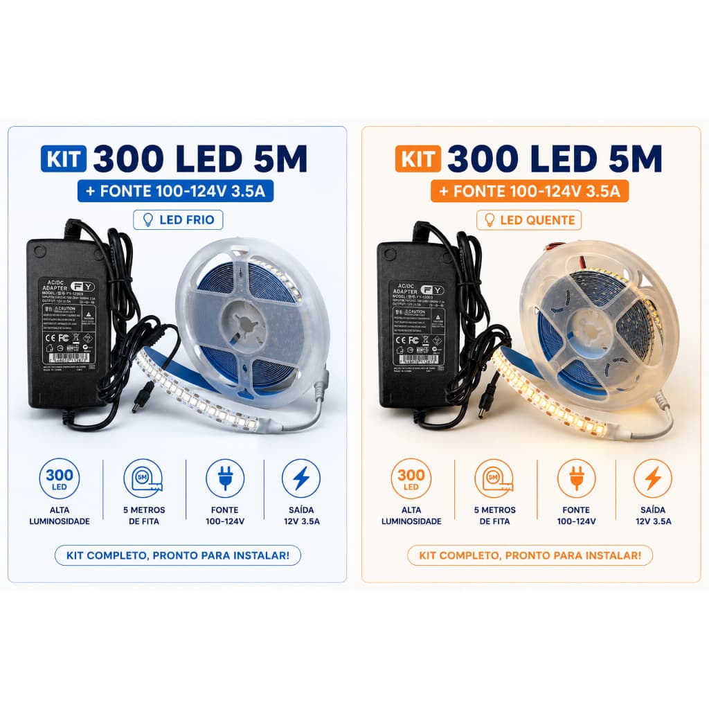 Kit Fita LED 5M 300 LEDs + Fonte 12V 5A Luz Fria/Quente