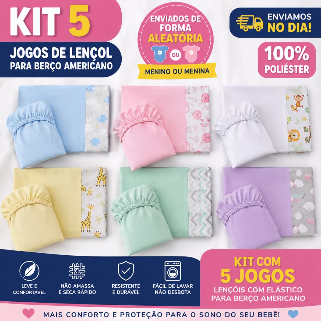 Kit 5 Lençol de Berço Americano Padrão Avulso com Elastico 100% Poliester