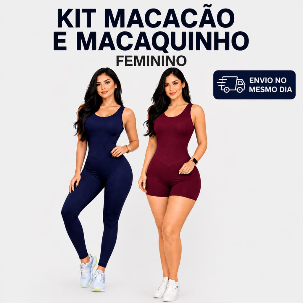 Kit Macacão Feminino Longo + Macaquinho Curto Fitness Suplex