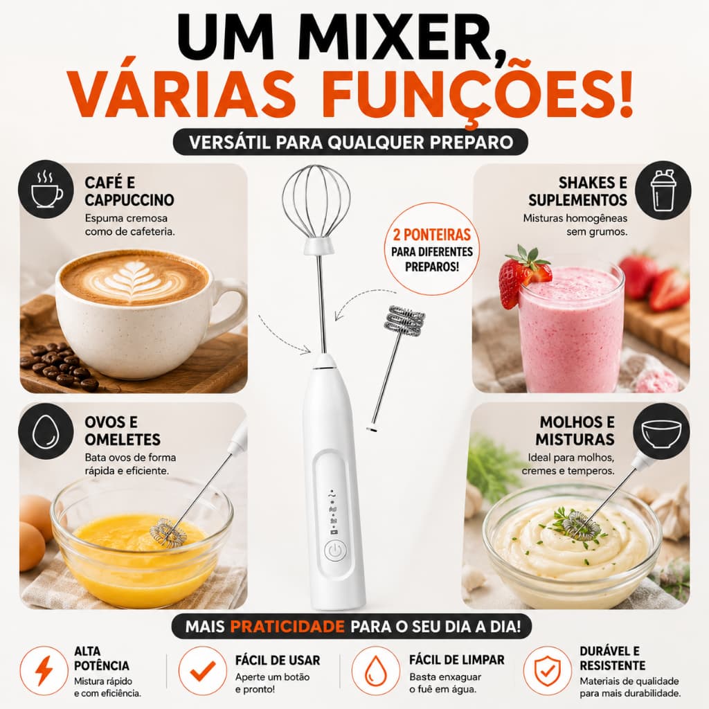 Mini Batedor Mixer Elétrico Portátil USB Bivolt Para Café