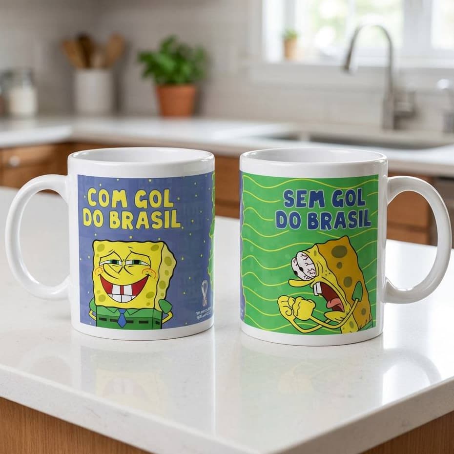 Caneca Porcelana Premium Bob Esponja E Patrick Copa Do Mundo