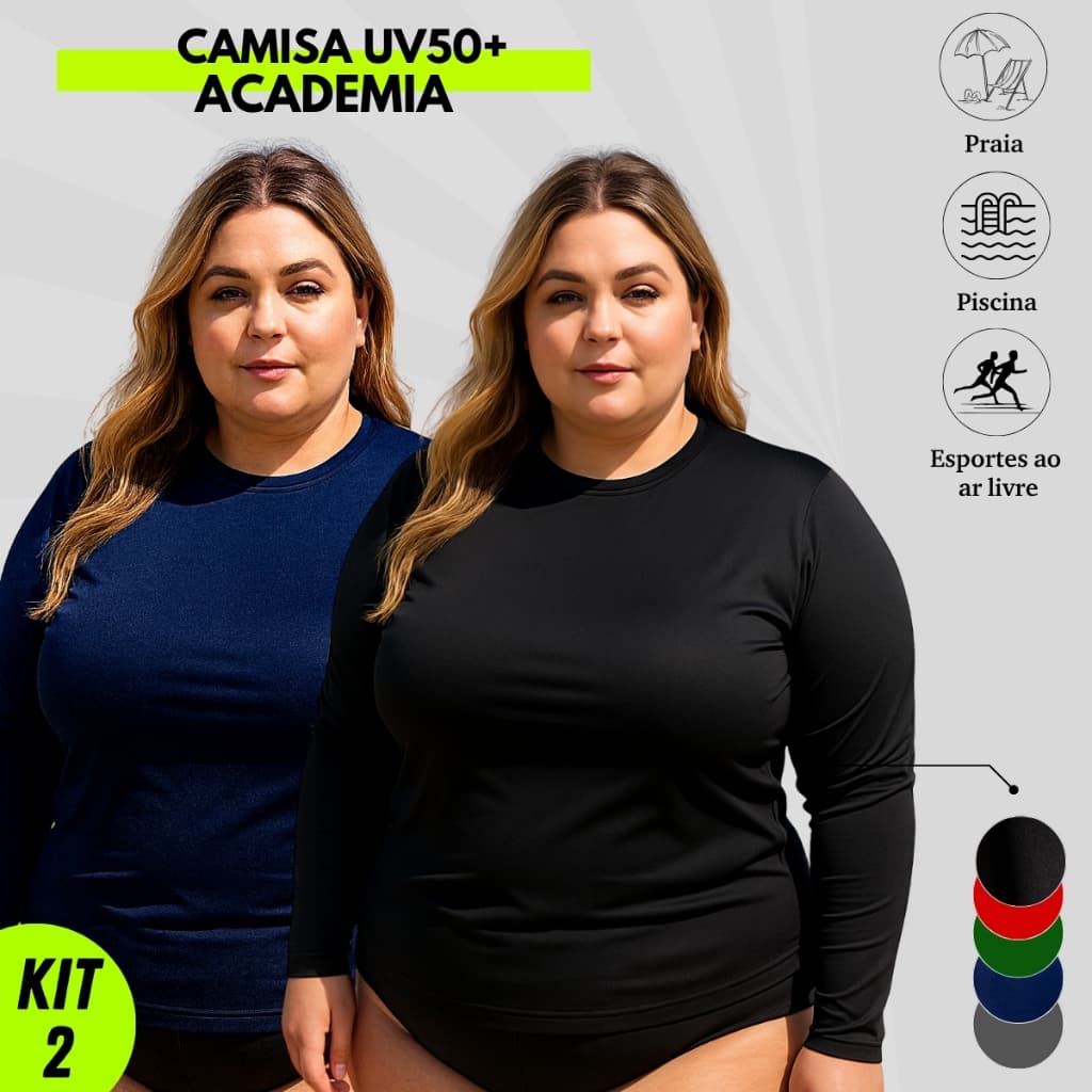 Kit 2 Blusa Proteção Solar UV 50+ Plus Size Segunda Pele Manga Comprida Moda Praia Feminina