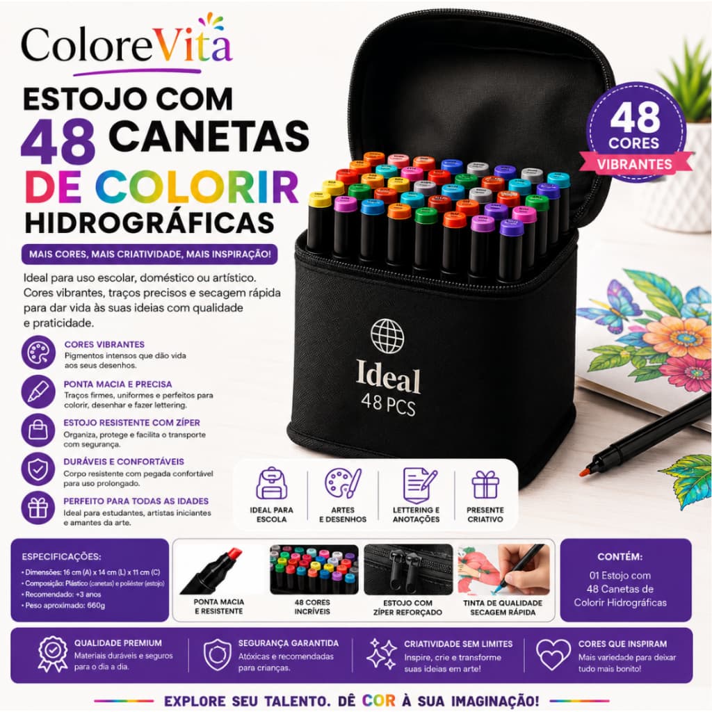 Estojo Canetas Colorir Hidrográficas 48 Cores Artísticas