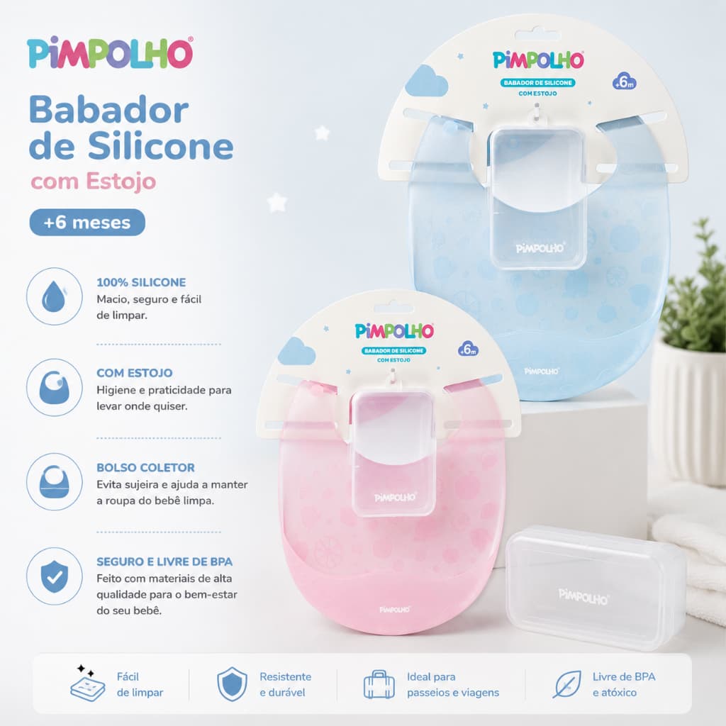 Babador Pimpolho de Silicone com Estojo – Higiene e Conforto Onde Quer que Vá