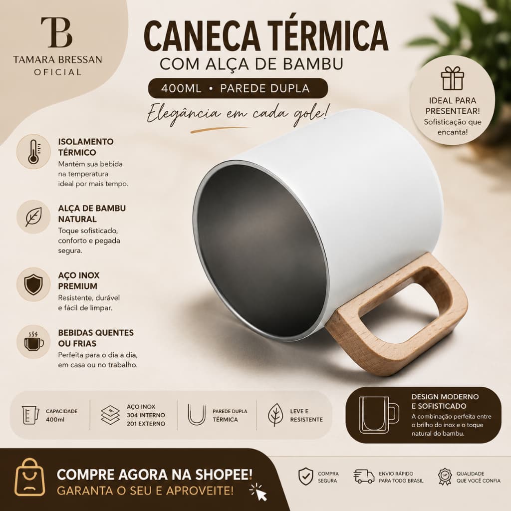☕ Caneca Térmica 400ml em Aço Inox com Alça de Bambu – Elegância, Sofisticação e Conservação Térmica