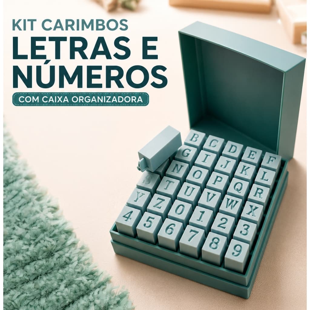 Kit Carimbos Letras e Numeros para Argila com Caixa Organizadora