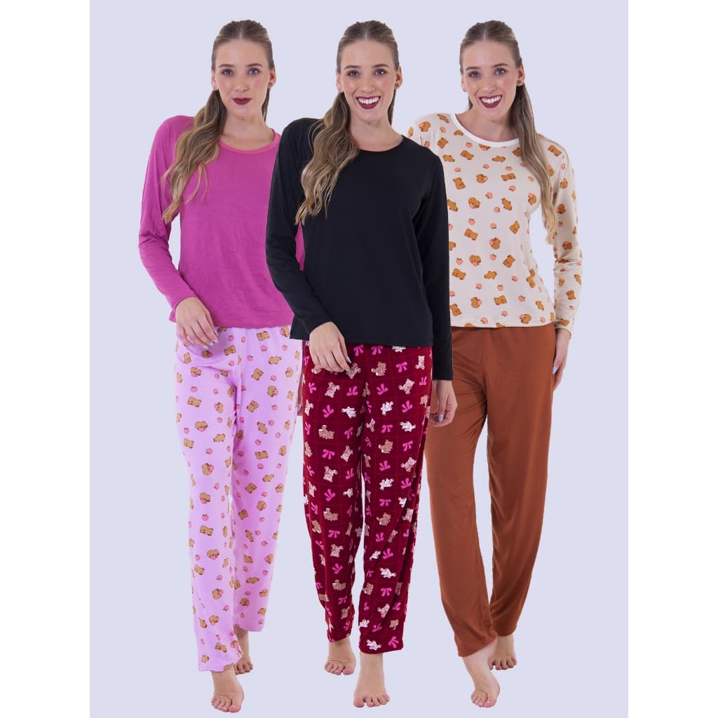 KIT 3 Pijamas Feminino Sonho Manga Longa Suede Inverno