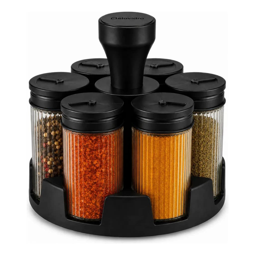 Suporte Giratório Porta Temperos Condimentos — 6 Potes de Vidros Line Diamond 85ml Tampas Ajustável