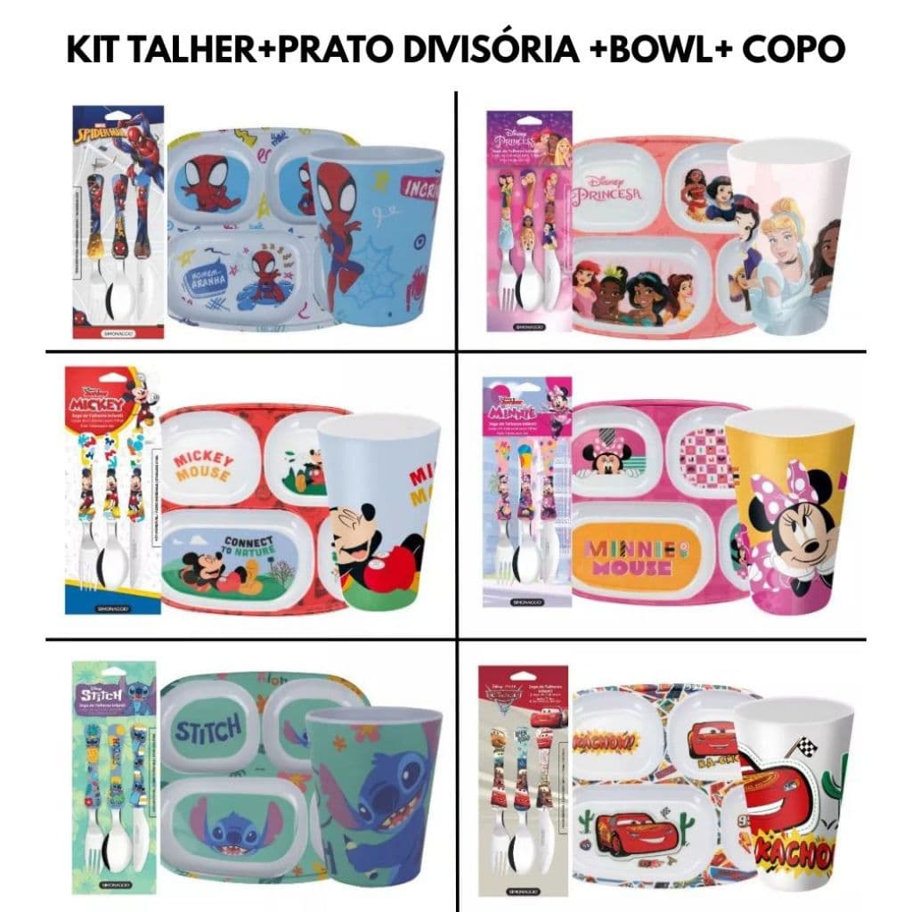 Kit Talher + Prato com Divisória + Copo Infantil Personagens  Disney BPA Free Disney Homem Aranha Princesas Carros