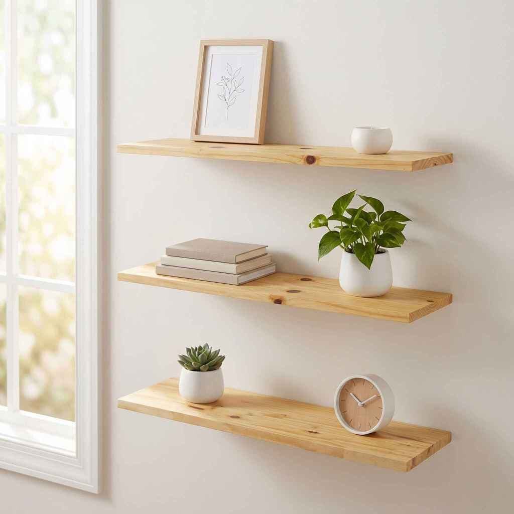 Kit 3 Prateleiras Flutuantes Madeira Pinus Maciça 60x20 Suporte Invisível Parede Sala Quarto Cozinha