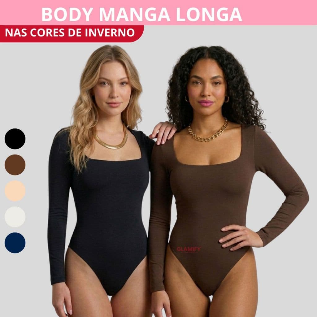 Body Feminino Manga Longa Suplex Forro Duplo Estiloso e Confortavel Decote Quadrado Casual Inverno
