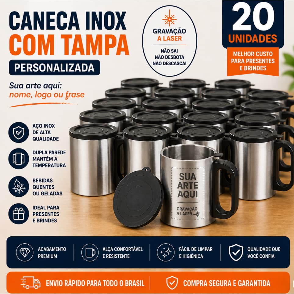 Kit 20 Canecas Inox Personalizadas 180ml Com Tampa Nome Logo Gravação A Laser Eventos Empresas