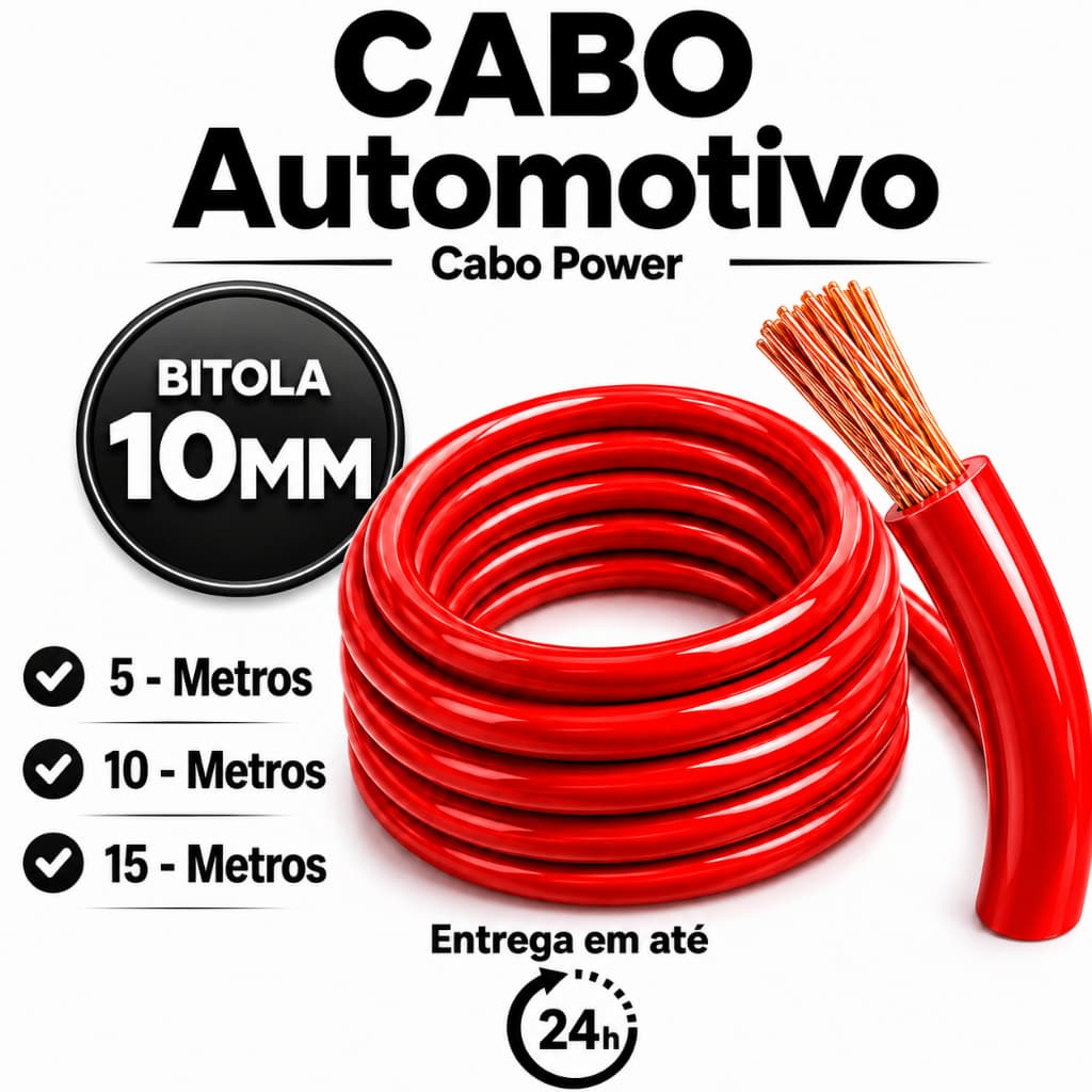 Cabo 10 mm  Até 15 Metros de Alimentação Som Automotivo Bateria