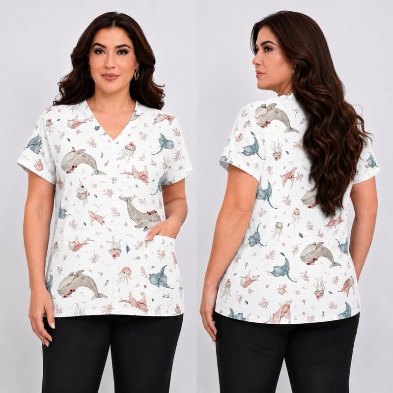 Blusa Bata Scrubs Pijama Cirúrgico Feminina Veterinária Cachorro Baleia  Cuidador Idosos