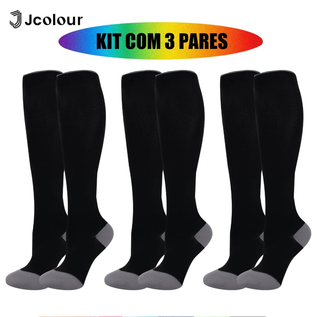 Jcolour 3 pares Meias Compressão Joelho Alto Esport Esportivas Diabetes Varizes Correndo Ciclismo