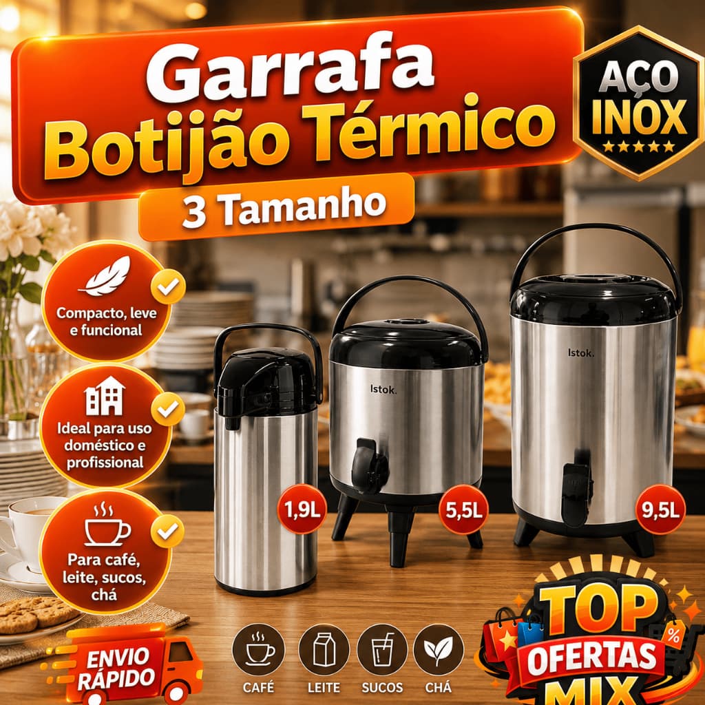 Garrafa Botijão Térmico Inox Profissional 1,9L 5,5L 9,5L Torneira Pressão Café Leite Chá Buffet Restaurante Evento Hotel