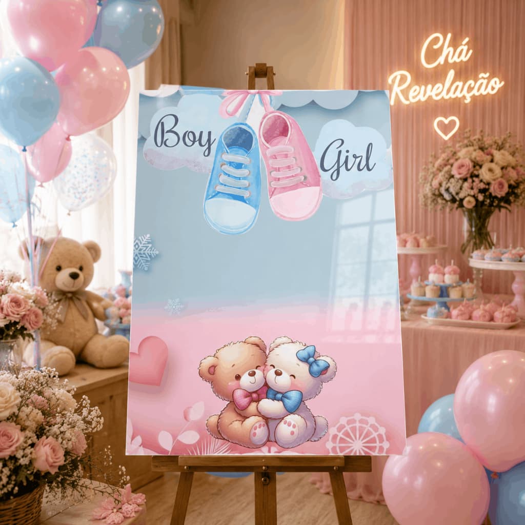 Quadro Chá Revelação Tênis Menino Menina Ursinhos Balões Decoração Festa Bebê MDF