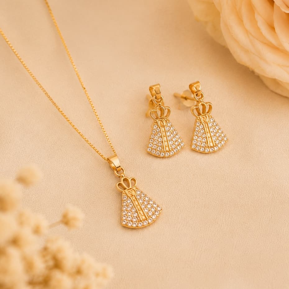 Kit Colar e Brinco Nossa Senhora Aparecida Feminino Dourado e Prata Conjunto Bijuteria Religioso